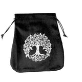 Black drawstring bag with a white tree of life design on a white background