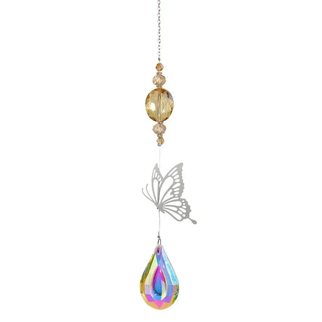 Colorful hanging decorations with butterflies and crystal-like shapes on a white background.