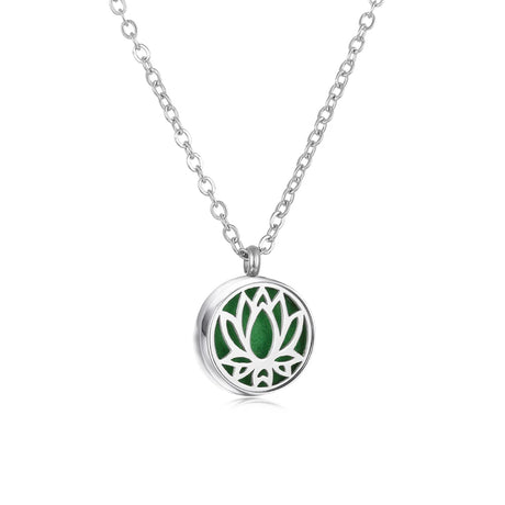 Necklace with a green lotus flower pendant on a white background