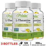 Three bottles of Pslalae L-Theanine 200 mg dietary supplements on a white background