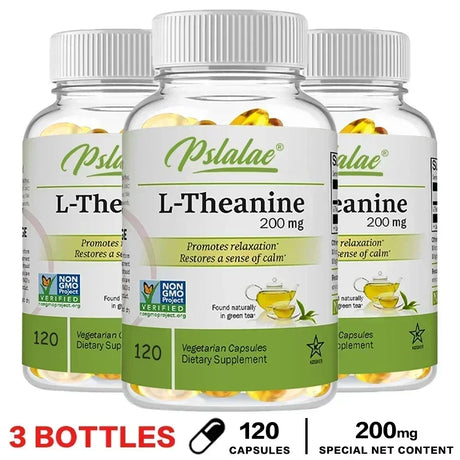 Three bottles of Pslalae L-Theanine 200 mg dietary supplements on a white background