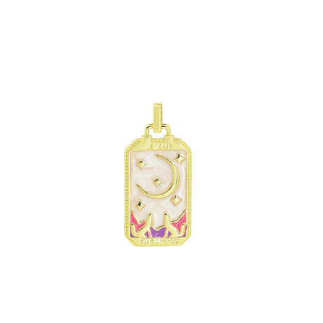 Gold pendant with a moon and star design on a white background