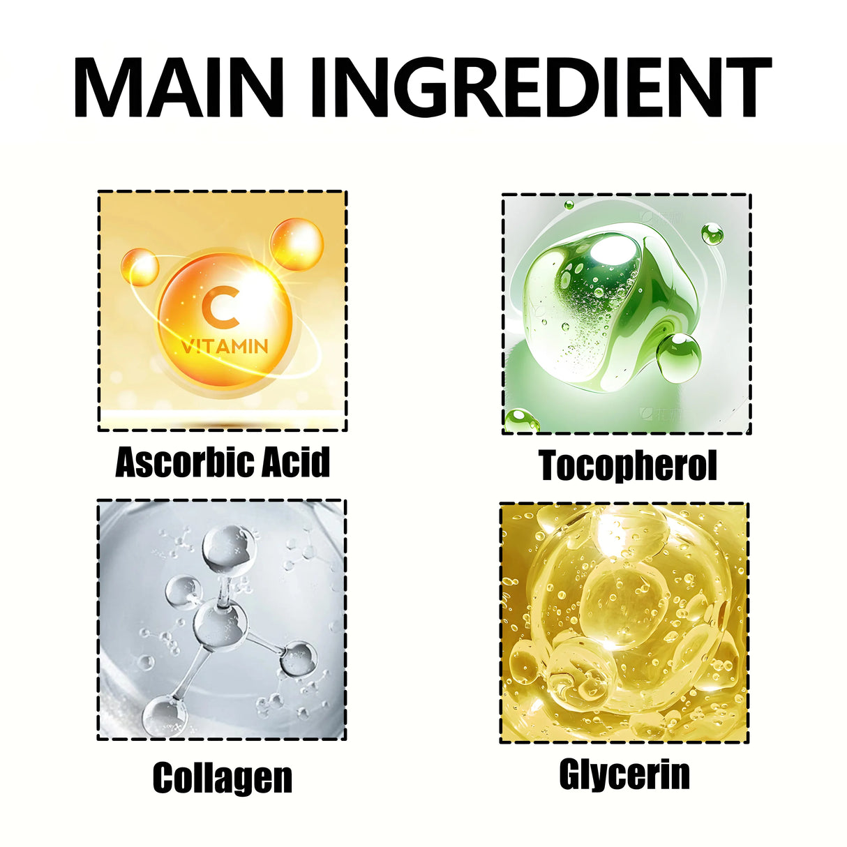 List of main ingredients including Ascorbic Acid, Tocopherol, Collagen, and Glycerin with corresponding icons.