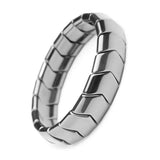 Silver ring with a textured design on a white background