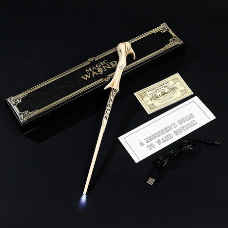 Light-up magic wand with packaging, USB cable, and user guide on a black background