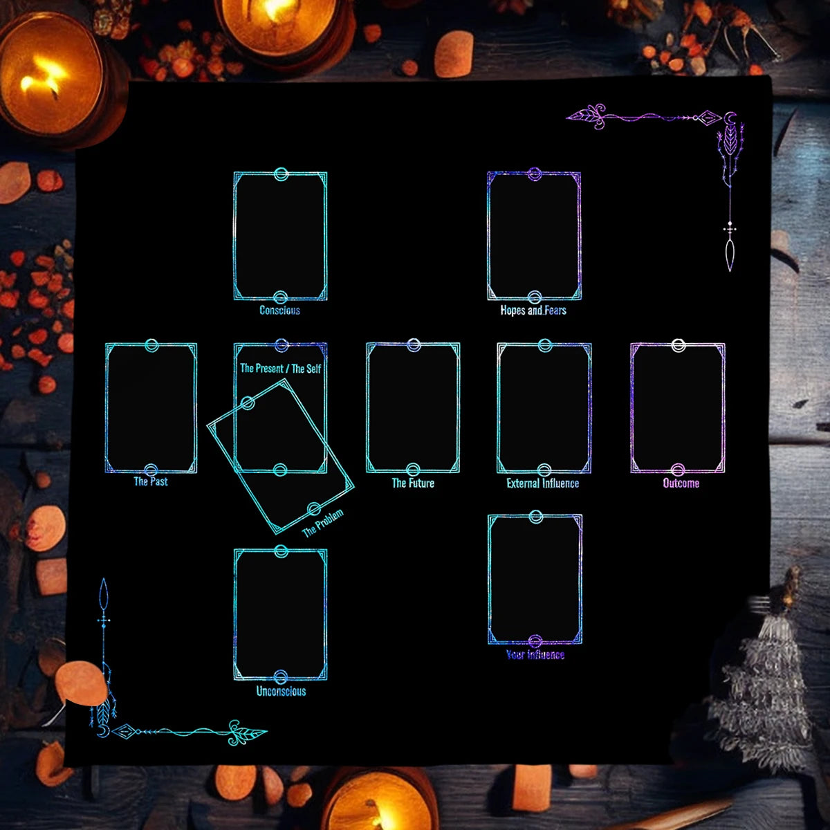 Blackboard with astrological chart design on a dark background with candles and decorative items.
