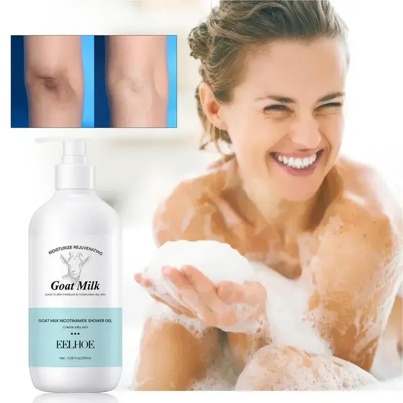 Woman applying soap with a bottle of EELHOE goat milk shower gel in the foreground.