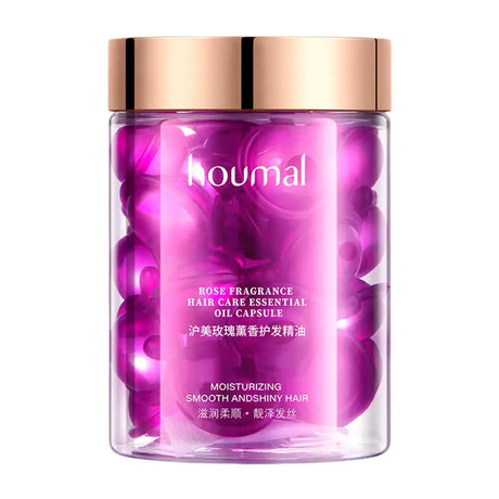 Purple hair care essential oil capsules with a rose gold lid on a white background