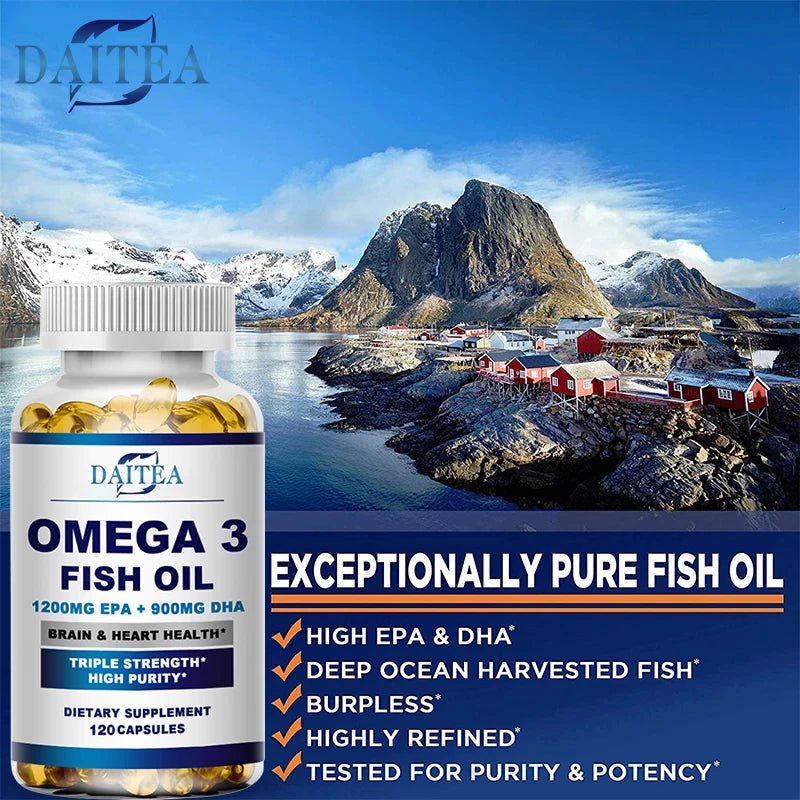 Omega 3 fish oil supplement bottle with scenic background