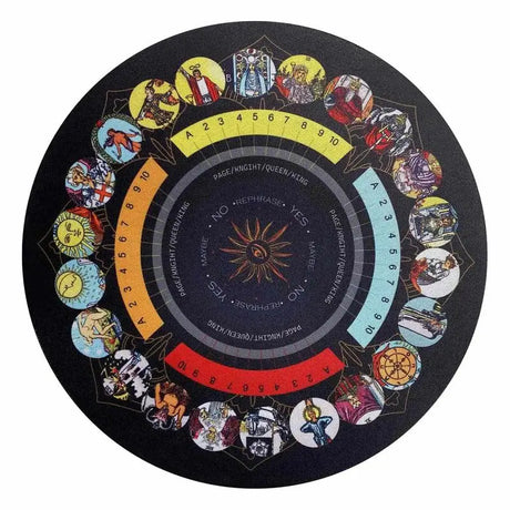 Circular Ouija board with astrological symbols on a black background