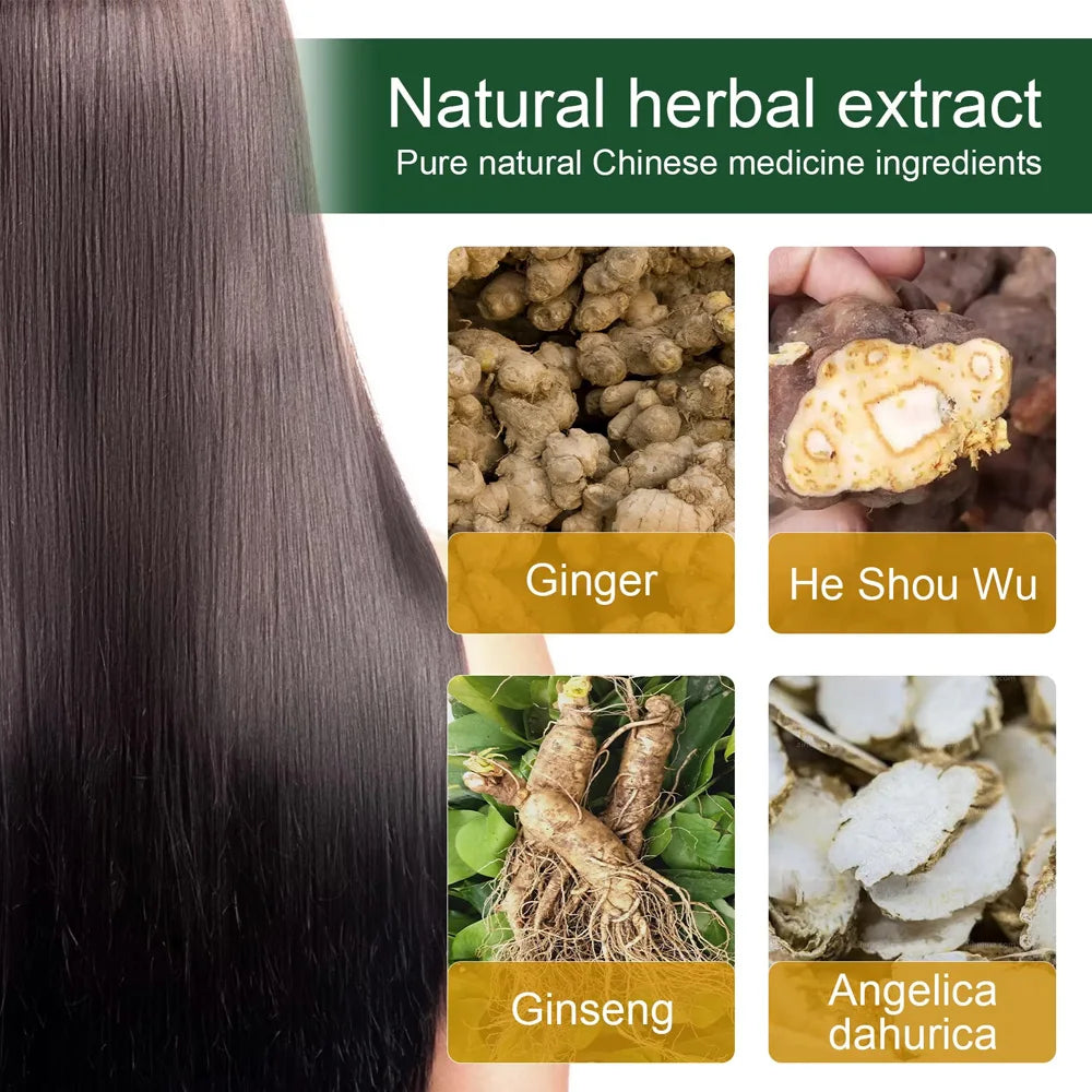 Advertisement for natural herbal extract with images of ginger, He Shou Wu, Ginseng, and Angelica dahurica, and a person with long hair.