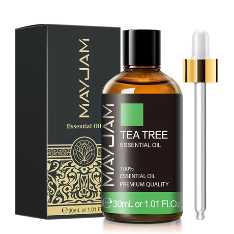 Mayuam Tea Tree Essential Oil bottle with dropper and packaging on a white background