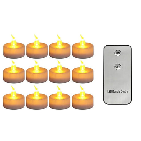 Set of LED tea light candles with a remote control on a white background