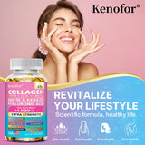 Collagen supplement bottle with a woman applying cream, Kenofor brand visible