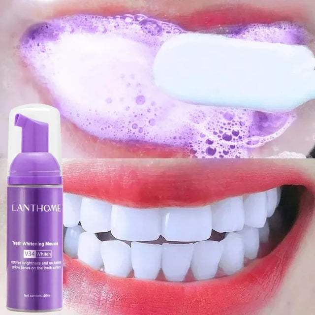 LANTHOME teeth whitening foam with a close-up of a mouth with white teeth.
