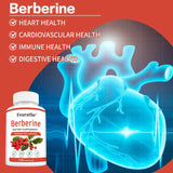 Berberine dietary supplement bottle with heart illustration on a red background