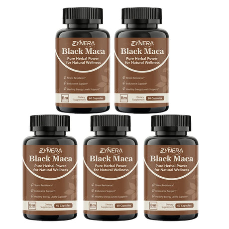 Five bottles of Zynera Black Maca supplement on a white background