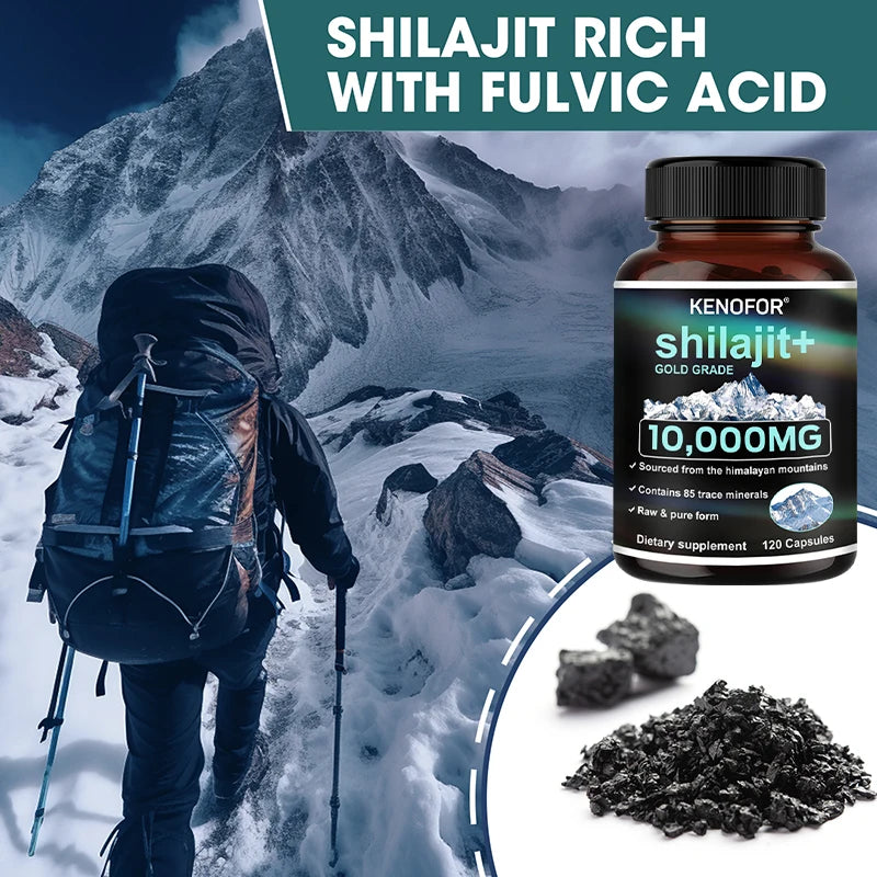 Person hiking in a mountainous area with a bottle of KENOFOR shilajit supplement and fulvic acid shown.