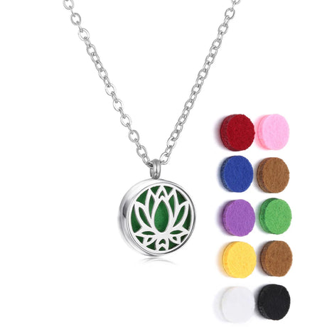 Necklace with a green lotus flower pendant and colorful felt pads on a white background