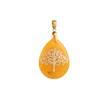 Orange teardrop-shaped pendant with gold chain and white tree design on a white background