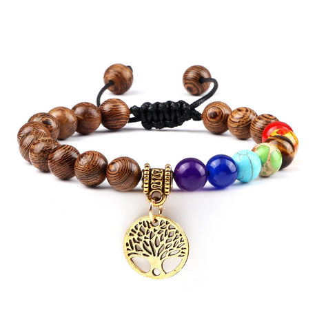 Bracelet with wooden beads and colorful stones on a white background