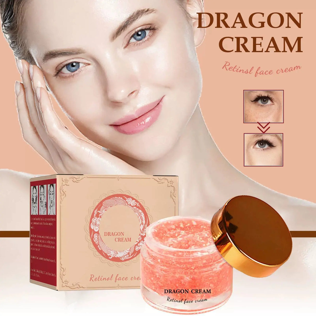 Dragon Cream retinol face cream with packaging and close-up of eyes on a peach background