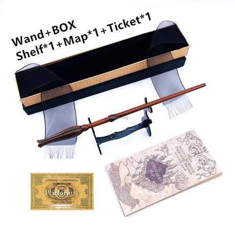 Harry Potter-themed wand, box, shelf, map, and ticket on a white background