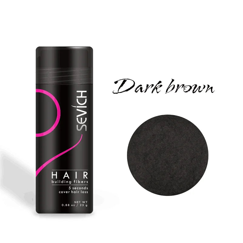 Sevich hair building fibers container with dark brown color swatch on a white background