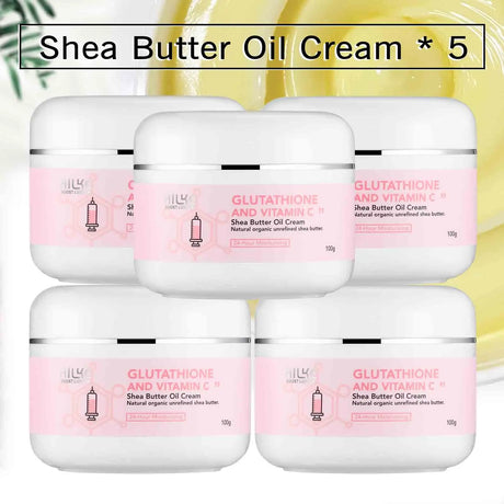 Five jars of shea butter oil cream with a pink label on a white background.