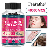 Supplement bottle labeled 'Biotin & Collagen' with images of a woman and hands, featuring the brand 'Fearathe'.