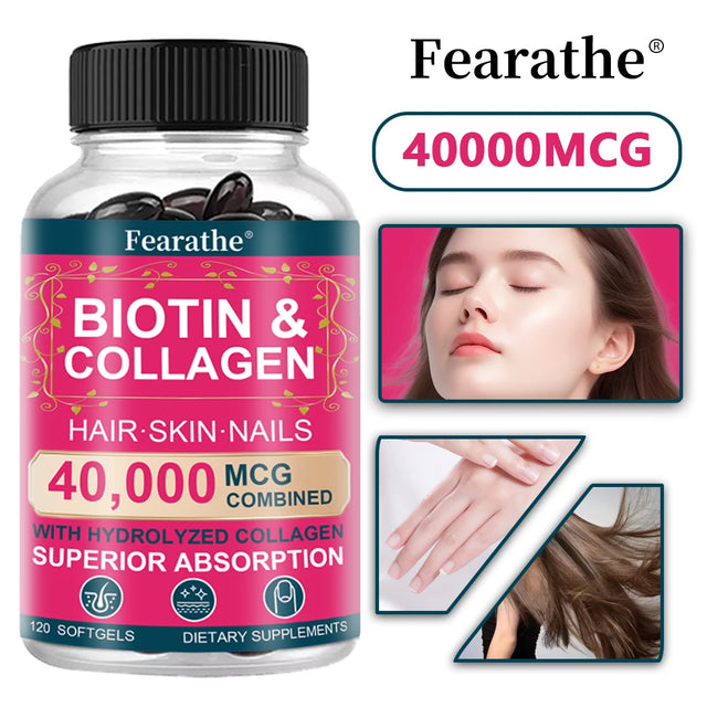 Supplement bottle labeled 'Biotin & Collagen' with images of a woman and hands, featuring the brand 'Fearathe'.