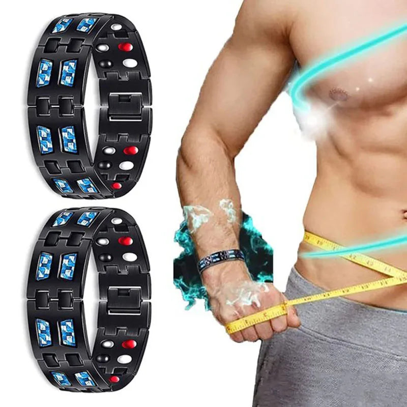 Black LED bracelet with blue and red lights worn by a person holding a measuring tape.