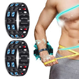Black LED bracelet with blue and red lights worn by a person holding a measuring tape.