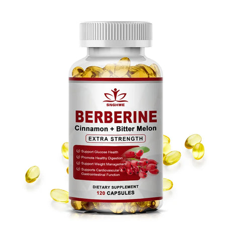 Bottle of Berberine dietary supplement with capsules on a white background