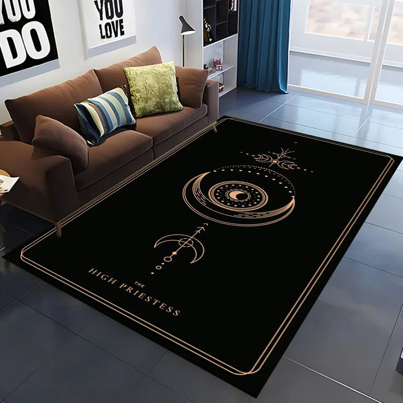 Living room with a black rug featuring astrological design and text