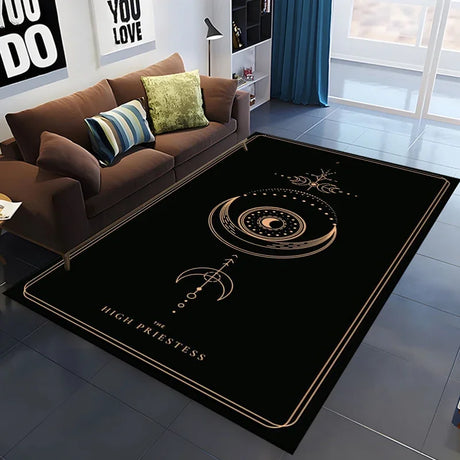 Living room with a black rug featuring astrological design and text