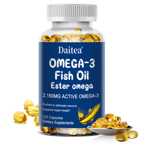 Bottle of Daitea Omega-3 Fish Oil Ester with blue label and yellow capsules on a white background