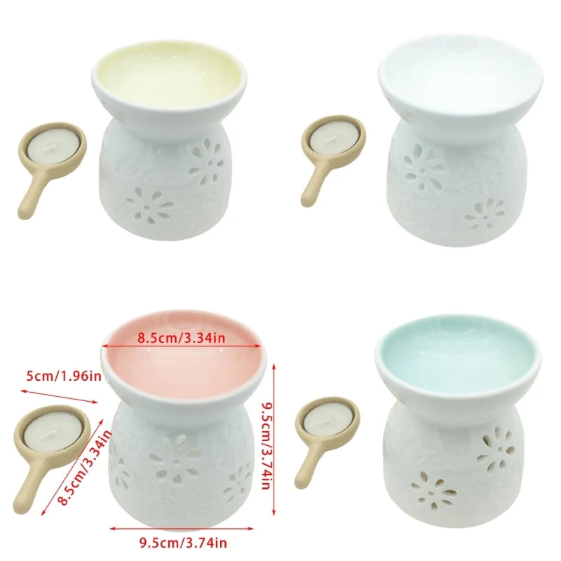 Set of four white ceramic wax warmers with floral designs and small wooden spoons with candles, including measurements.