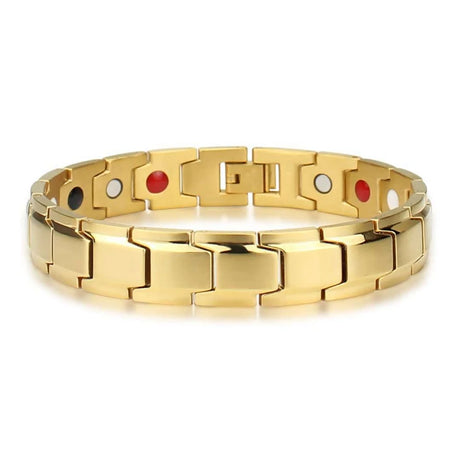 Gold bracelet with colored stones on a white background