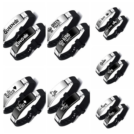 Set of black and silver bracelets with 'King' and 'Queen' text on a white background
