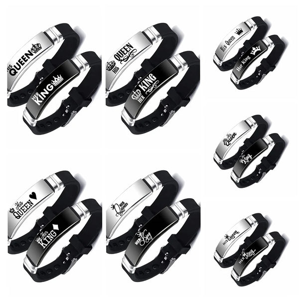 Set of black and silver bracelets with 'King' and 'Queen' text on a white background