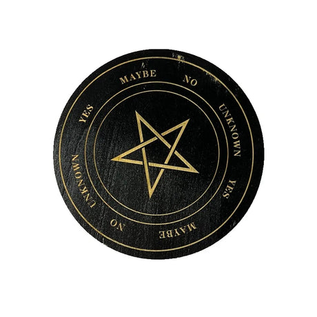 Black circular object with gold pentagram and text on a white background