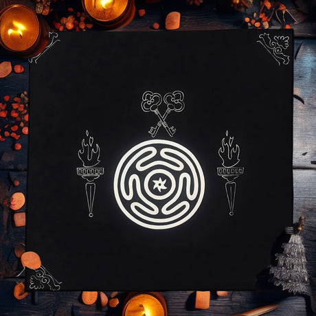 Black board with white maze design surrounded by candles and pumpkins on a wooden surface