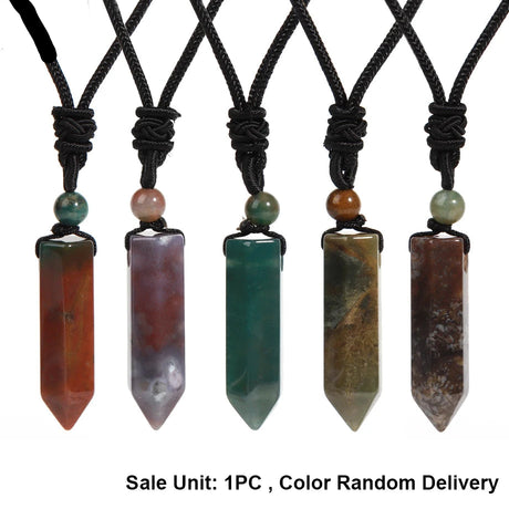 Five stone pendant necklaces on black cords with a visible brand logo, on a white background.