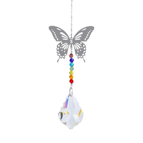 Butterfly-shaped ornament with rainbow beads and crystal on a white background