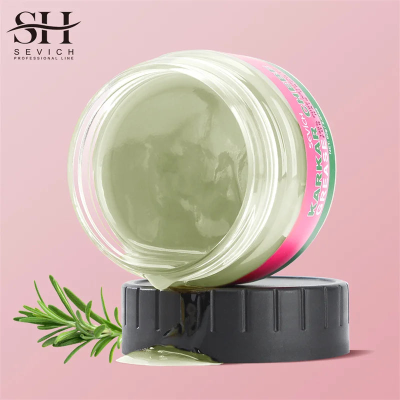 Sevich hair product jar with pink lid and green label on a pink background
