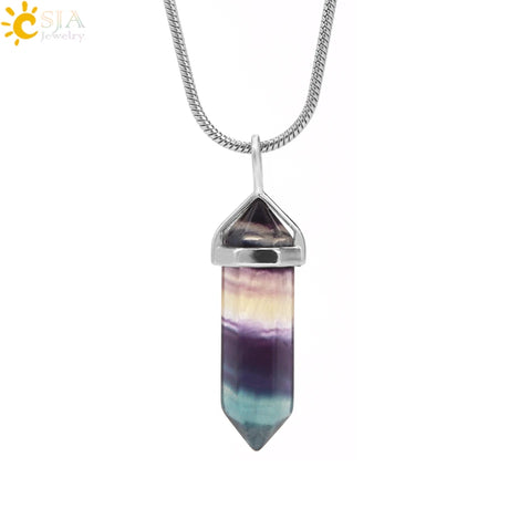 Multicolored crystal pendant on a silver chain against a white background