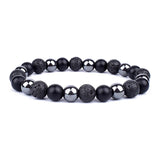 Black and silver beaded bracelet on a white background