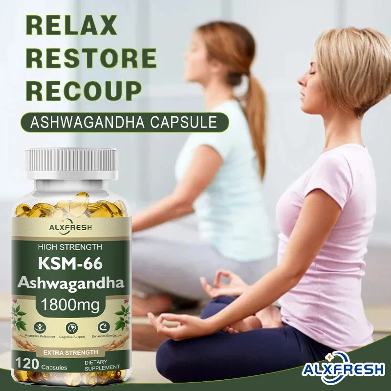 Bottle of ALXFRESH Ashwagandha capsules with two people meditating in the background.