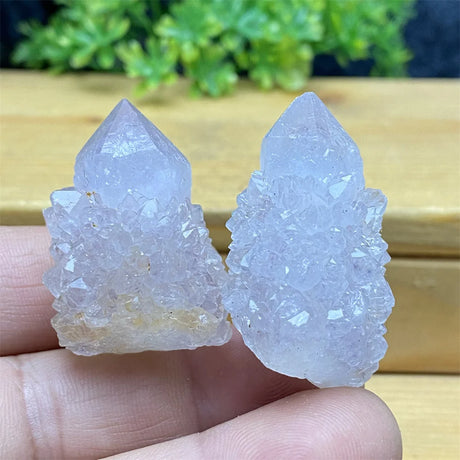 Two crystal points held between fingers with a natural background